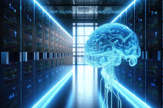 Intelligenza artificiale cervello digitale collegato al centro dati IA generativa