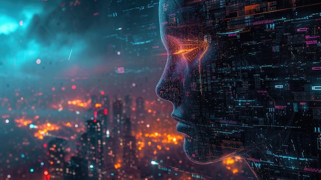 Intelligenza artificiale come l'uomo con il fuoco ritratto di futuristico humanoide robot AI sullo sfondo della città distrutta concetto di tecnologia digitale cyborg potenza di guerra futuro