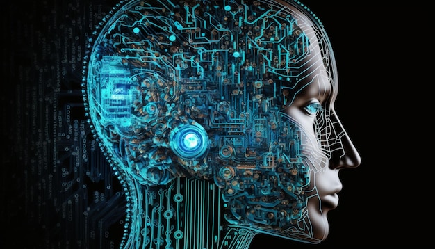 Intelligenza artificiale con un cervello di computer sotto forma di una testa di robot con una mente cibernetica