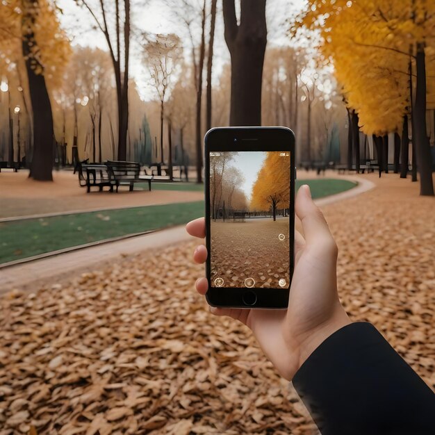 intelligenza artificiale generata immagine di fotografia autunno parco sul telefono in mano