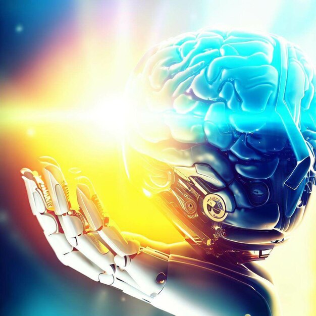 intelligenza artificiale mano che tiene il cervello umano o background di tecnologia AI