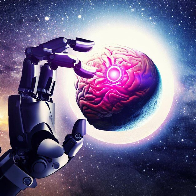 intelligenza artificiale mano che tiene il cervello umano o background di tecnologia AI