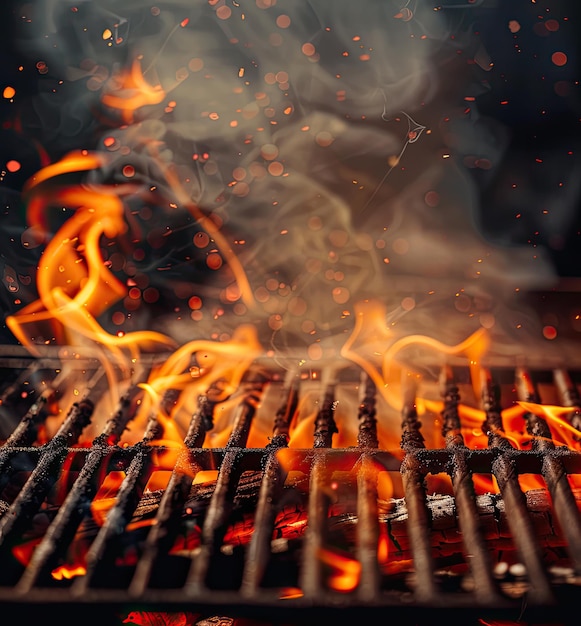 Intense fiamme e fumo si alzano da una griglia che cucina cibo sul carbone