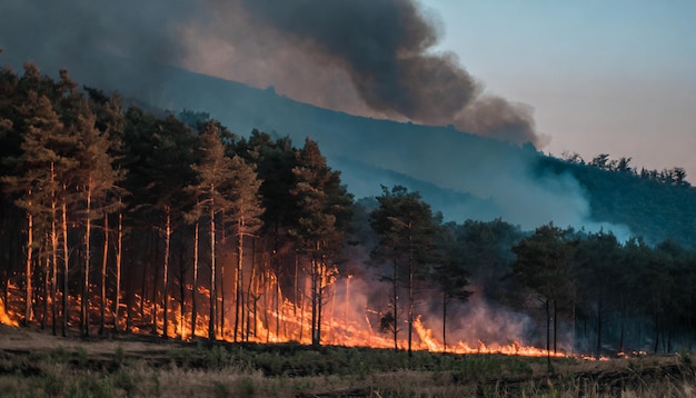 Intenso incendio boschivo che infuria tra gli alberi che soffia fumo contro uno sfondo fiammeggiante che simboleggia la natura