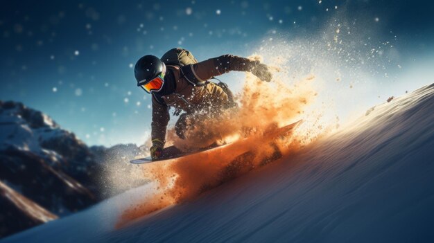 Intenso snowboarder che scolpisce sul pendio della montagna all'alba