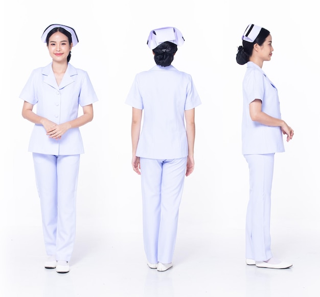 Intera lunghezza 30s 20s Asian Woman Nurse Hospital 360 lato anteriore posteriore posteriore