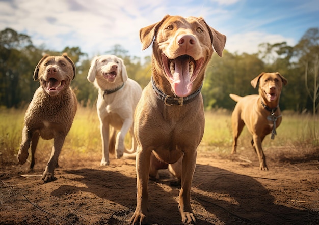 Interazione giocosa di un Chesapeake Bay Retriever con altri cani in un parco per cani