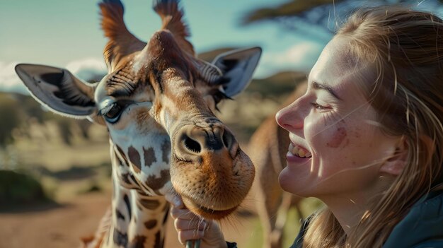 Interazione gioiosa con una giraffa nell'habitat naturale donna sorridente vicino alla fauna selvatica catturando un momento di connessione allegra avventura all'aperto AI