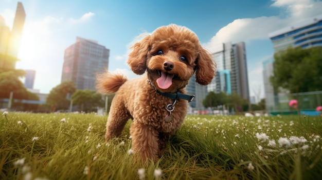 interazione vivace di un barboncino giocattolo in un parco urbano che celebra la vita degli animali domestici della città