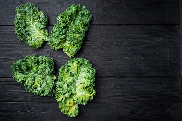 Intere foglie di insalata italiana Kale set, sul tavolo in legno nero, vista dall'alto laici piatta