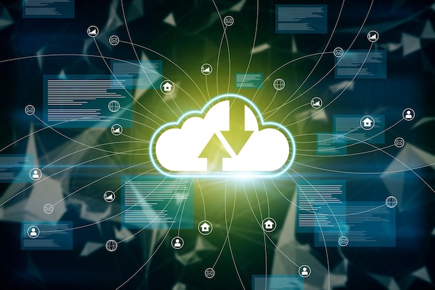 Interfaccia astratta di cloud computing incandescente su sfondo scuro sfocato Rete online e concetto di database Rendering 3D