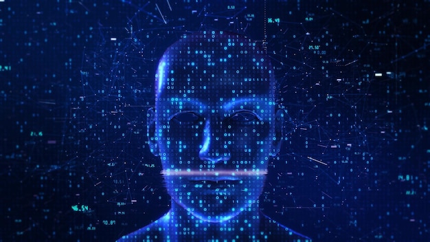 Interfaccia cibernetica futuristica 3D 4K Concept di intelligenza artificiale digitale Entità umana Codice binario