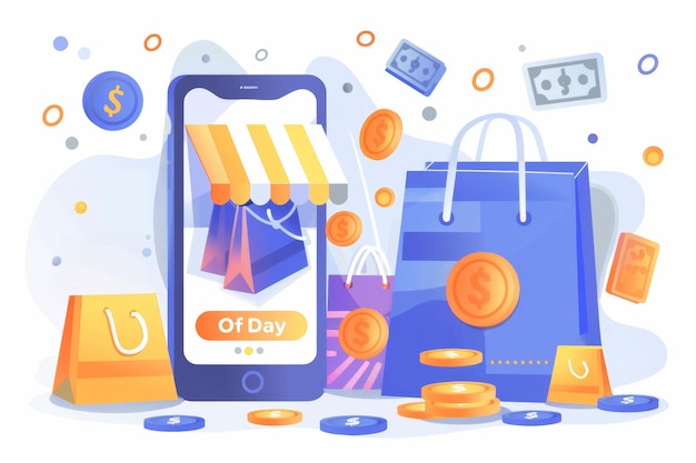 Interfaccia di app di shopping mobile con borse e monete per transazioni online