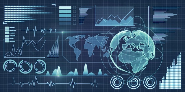 Interfaccia di business digitale brillante astratta su sfondo blu sfocato Finanza innovazione commercio e concetto di crescita Rendering 3D