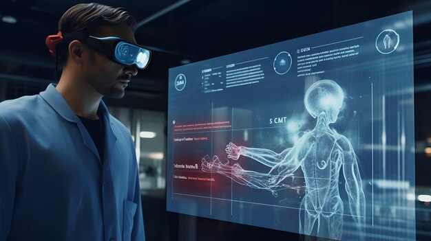 Interfaccia di esame VR che visualizza dati medici che offrono una visione dettagliata del processo diagnostico