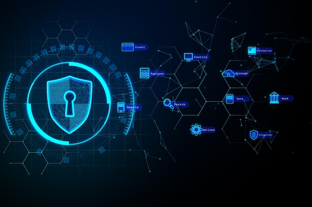 Interfaccia di lucchetto digitale astratta su sfondo scuro sfocato Protezione della sicurezza Informazioni virtuali e concetto di sicurezza Rendering 3D