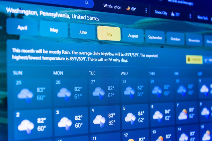 Foto interfaccia di previsione meteo su uno schermo digitale che mostra il tempo caldo per il mese di lugliotemperatura è visualizzata in usanorth america area in fahrenheitfocus selettivotelsiailithuania04052023