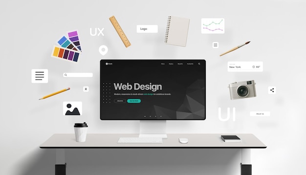 Interfaccia di progettazione web visualizzata sullo schermo del desktop circondata da componenti UI galleggianti come i pulsanti
