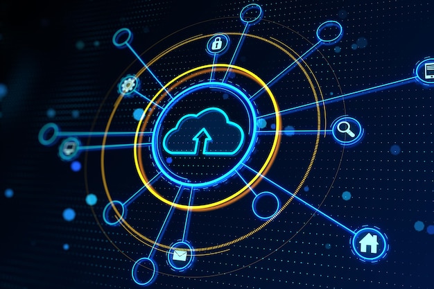 Interfaccia digitale astratta con icona del cloud computing su uno sfondo blu dinamico rendering 3D