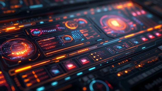 Interfaccia futuristica complessa con dettagli luminosi arancione e blu