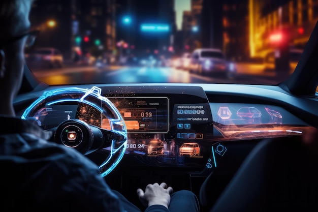 Interfaccia per auto futuristica Tecnologia del cruscotto touchscreen in un interno di veicolo moderno che abbraccia l'innovazione automobilistica avanzata