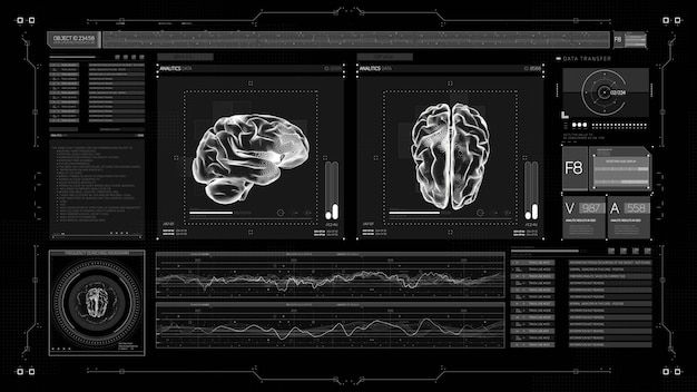 Interfaccia utente futuristica HUD Head up display medico con illustrazioni del cervello in 3D.