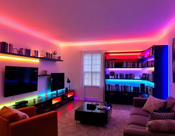 Interior bergaya ruang tamu di malam hari dengan neon