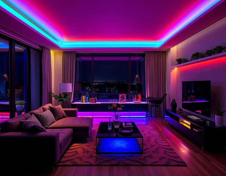 Interior bergaya ruang tamu di malam hari dengan neon