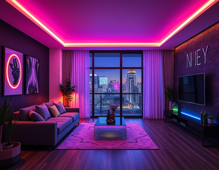 Interior bergaya ruang tamu di malam hari dengan neon