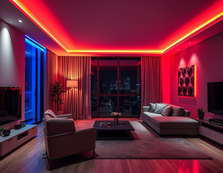 Interior bergaya ruang tamu di malam hari dengan neon