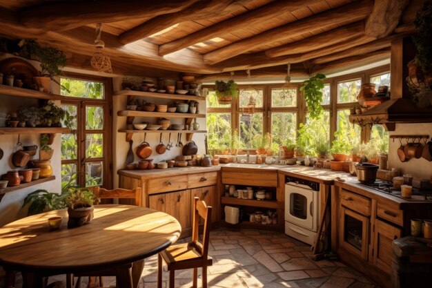 Interior cucina accogliente con soffitto in legno naturale e mobili e utensili da cucina in ceramica