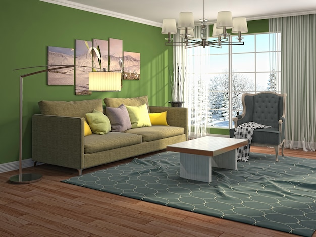 Interior design 3d illustrazione del soggiorno