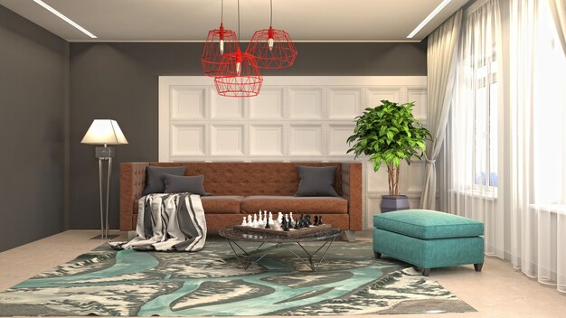 Interior design 3d illustrazione del soggiorno