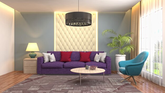 Interior design 3d illustrazione del soggiorno