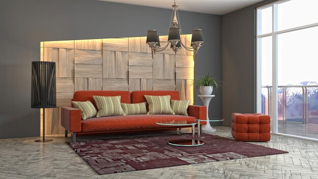 Interior design 3d illustrazione del soggiorno