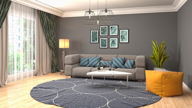 Interior design 3d illustrazione del soggiorno