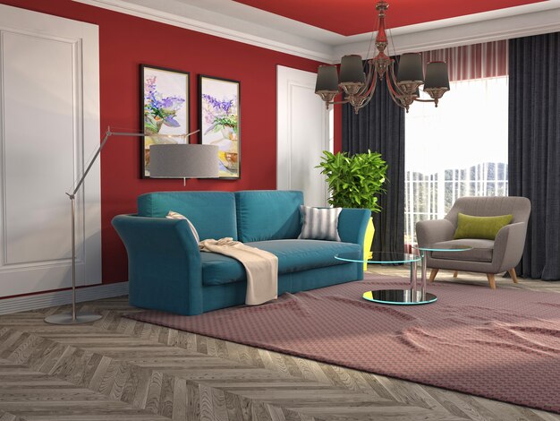 Interior design 3d illustrazione del soggiorno