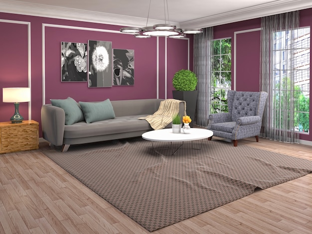 Interior design 3d illustrazione del soggiorno