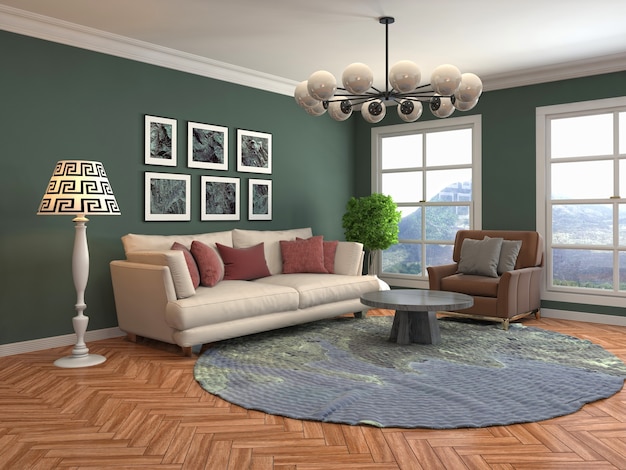 Interior design 3d illustrazione del soggiorno