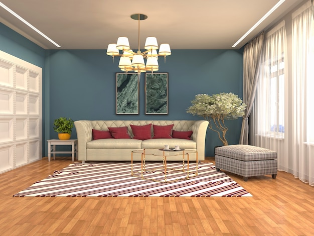 Interior design 3d illustrazione del soggiorno