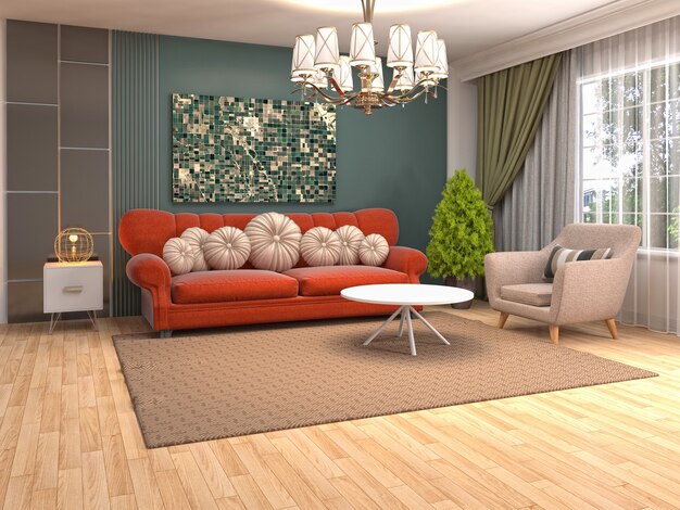 Interior design 3d illustrazione del soggiorno