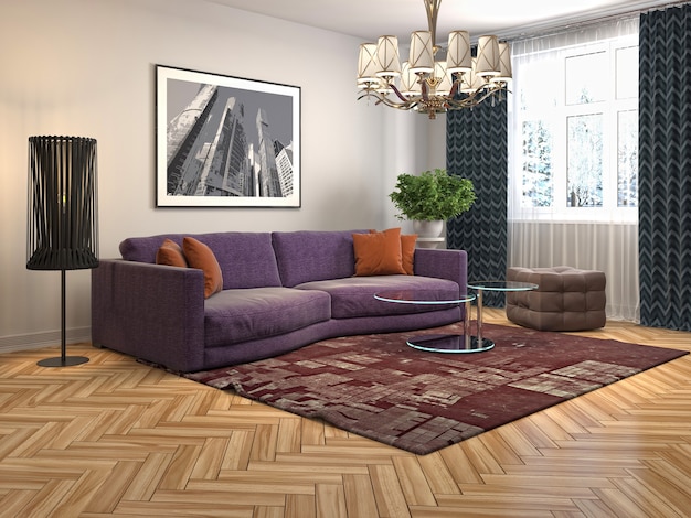 Interior design 3d illustrazione del soggiorno