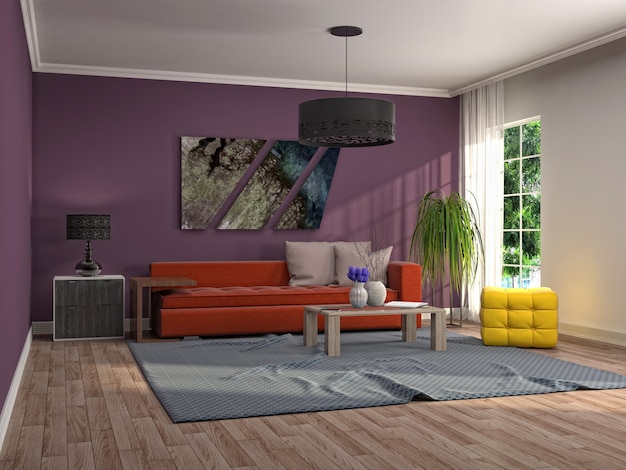 Interior design 3d illustrazione del soggiorno