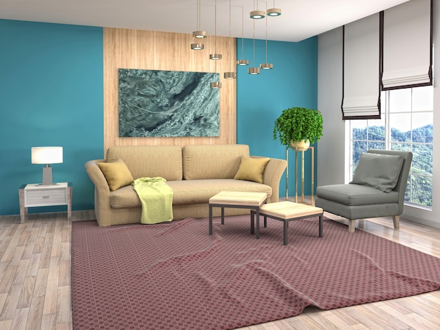 Interior design 3d illustrazione del soggiorno