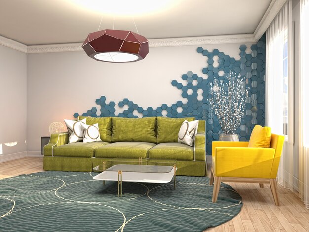 Interior design 3d illustrazione del soggiorno