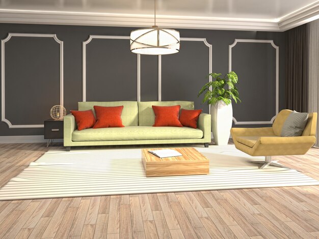 Interior design 3d illustrazione del soggiorno