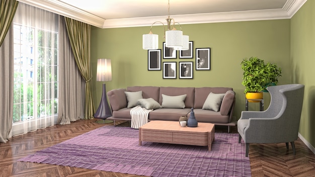 Interior design 3d illustrazione del soggiorno