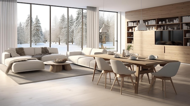 interior design appartamento moderno soggiorno con grande finestra e vista innevata