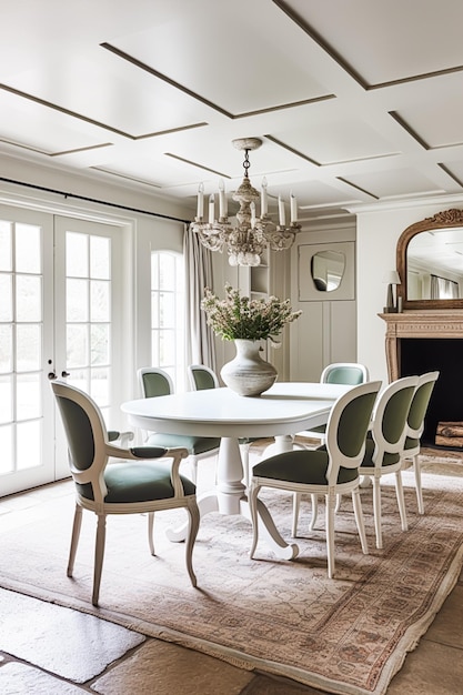 Interior design bianco arredamento della sala da pranzo e mobili per la casa tavolo sedie e decorazioni per la casa in stile cottage di campagna generativo ai