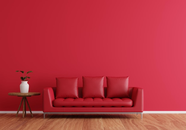 Interior design contemporaneo del soggiorno con un divano rosso con sfondo rosso